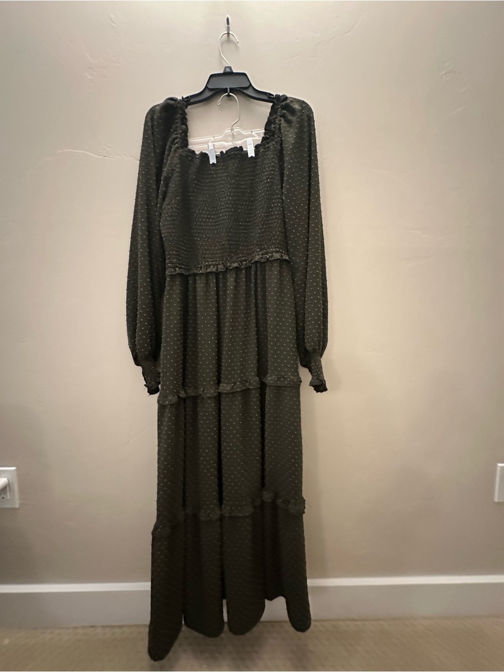 Olive Green Long Sleeve Maxi Dress - Smocked Bodice - Picture 3 of 7